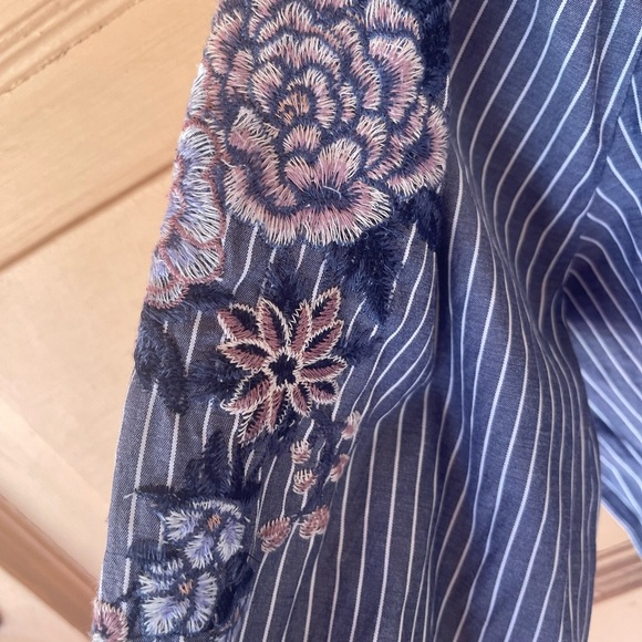 American Eagle Outfitters Striped Embroidered Floral Boho Top - Blue and Pink - Picture 7 of 13